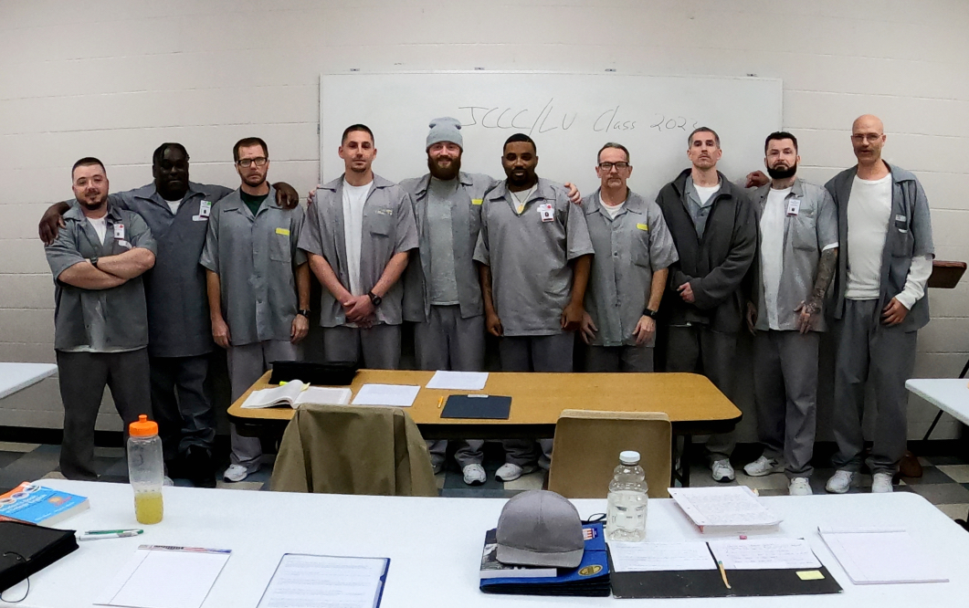 The first cohort of students in Lincoln University’s Prison Education Program pose for a group photo in their classroom last year at the Jefferson City Correctional Center. From left to right: Zachary Cook, Darrell Lewis, Johnnie Kerns, Joshua Keller, Timothy Gilbert, Derrick Sanders, Ramsey Pickens, Richard Salas, Aaron Lampe and Timothy Thompson. (Photo by LU Associate Professor William K. Sites)