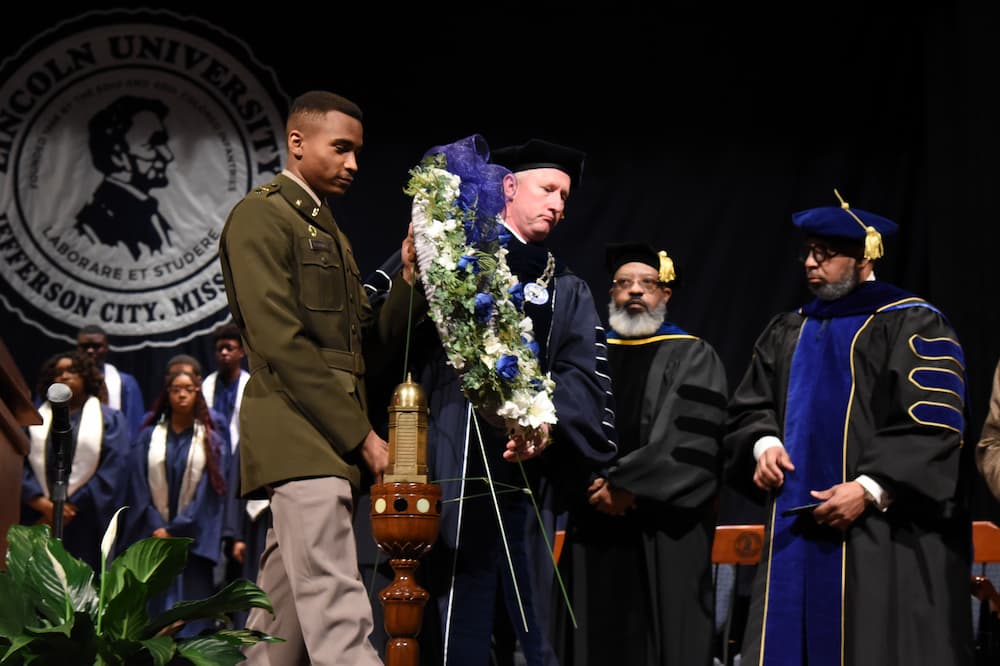 Wreath laying during Lincoln University of Missouri's 2025 Founders' Day Convocation. 