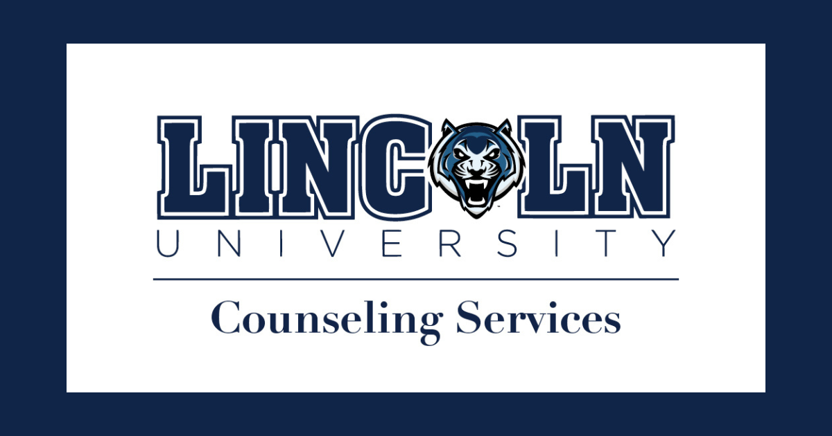 Logo for Lincoln University Counseling Services, featuring dark blue text and a stylized blue and white tiger head.