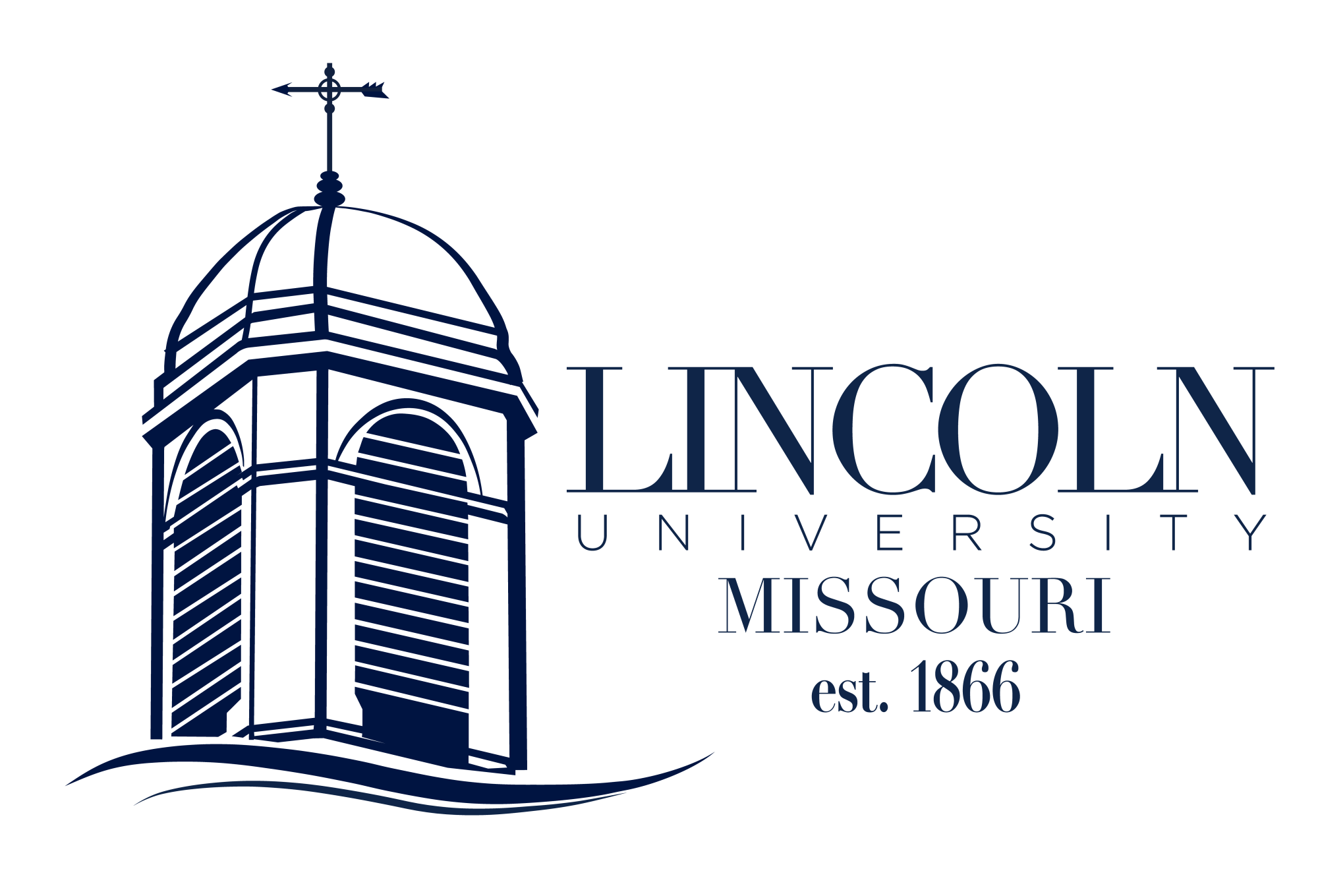 Lincoln University of Missouri logo featuring a navy blue illustration of the university's iconic dome building with a weather vane on top. The text 'Lincoln University Missouri est. 1866' is written to the right of the illustration