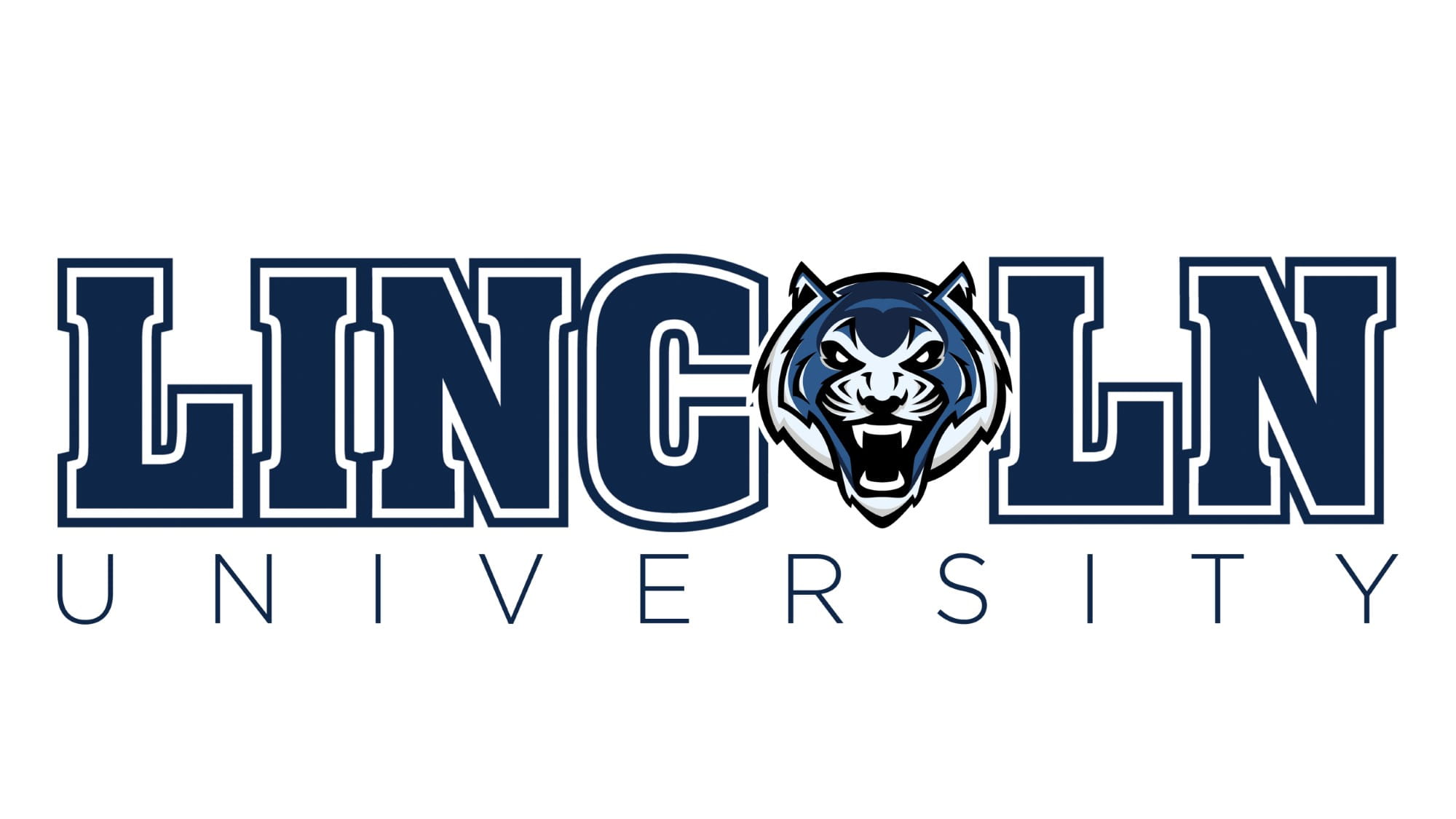 Lincoln University logo featuring the text 'Lincoln University' in bold navy blue letters. The letter 'O' in 'Lincoln' is replaced by a fierce, stylized tiger's head in navy blue, white, and black