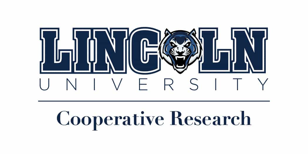 Lincoln University logo featuring the text 'Lincoln University' in bold navy blue letters, with the letter 'O' replaced by a fierce, stylized tiger's head in navy blue, white, and black. Below this, the words 'Cooperative Research' in navy blue