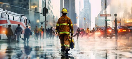 A firefighter walks to a scene