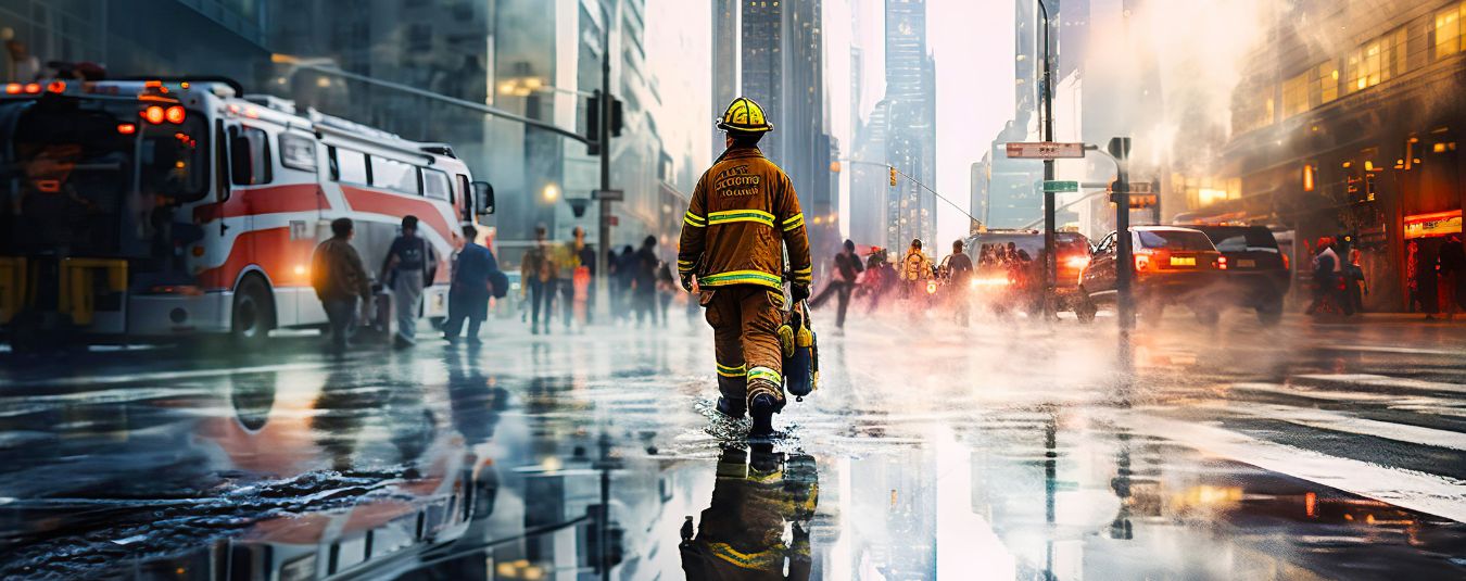 A firefighter approaches a scene