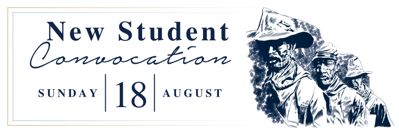 Banner for New Student Convocation at Lincoln University on Sunday, August 18, featuring historical soldier imagery in blue.