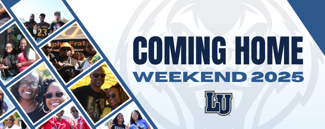 Promotional banner for Lincoln University's "Coming Home Weekend 2025," featuring alumni photos and event details.