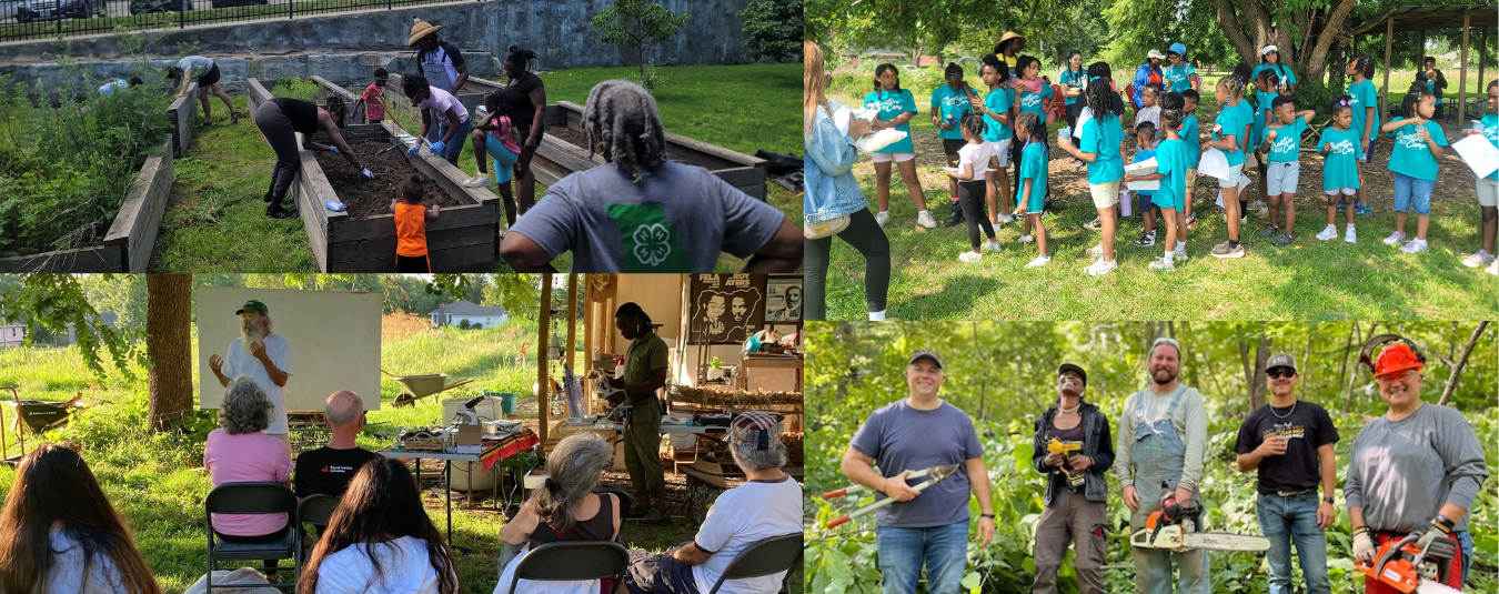 A collage of a group of five people in a forest, smiling and holding tools like chainsaws, a handsaw, and a drill, dressed in work attire, a group of people seated in folding chairs under a tree learn how to clear brush, an instructor oversees as adults and children work in raised garden beds, and a large group of children in teal t-shirts gather outside under trees to learn farm techniques