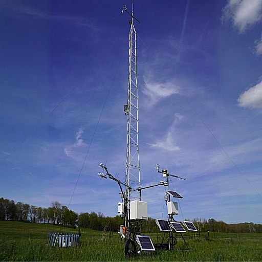 Weather station at Lincoln University research farm, part of the USDA-funded climate initiative monitoring precipitation, air temperature, relative humidity, solar radiation, wind speed and direction, soil temperature, and soil moisture.