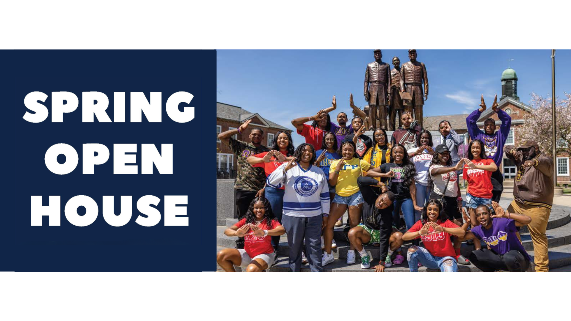 "Spring Open House" A group of diverse, energetic students pose in front of a statue on Lincoln University campus, wearing colorful Greek-letter organization apparel and making hand signs.