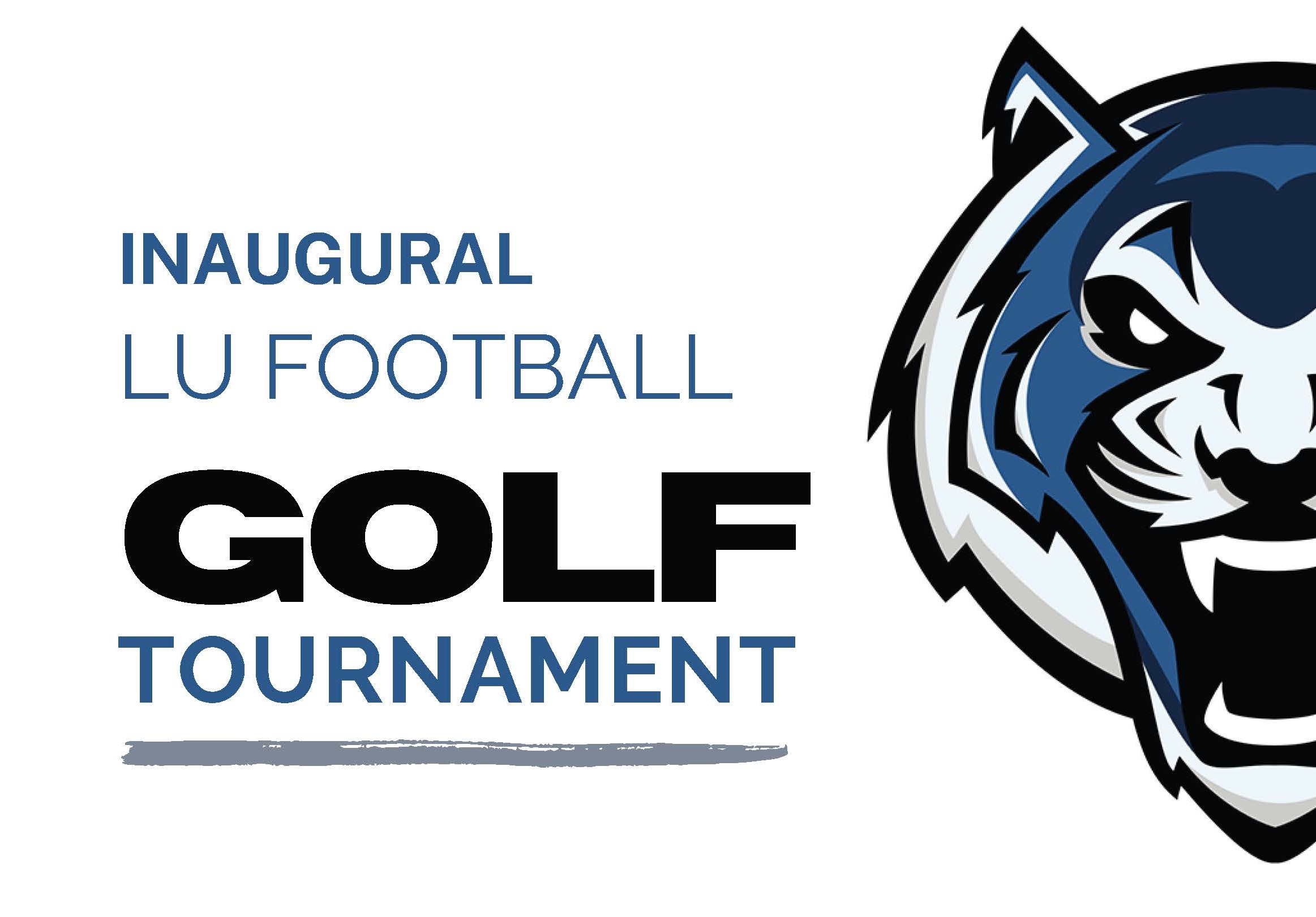 Inaugural LU Football Golf Tournament graphic with bold text and a stylized blue and white tiger mascot logo.