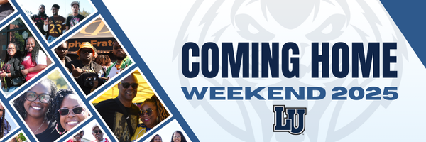 A graphic banner containing multiple photos of smiling people, with headline "Coming Home Weekend 2025; LU" with faint, stylized tiger face in background