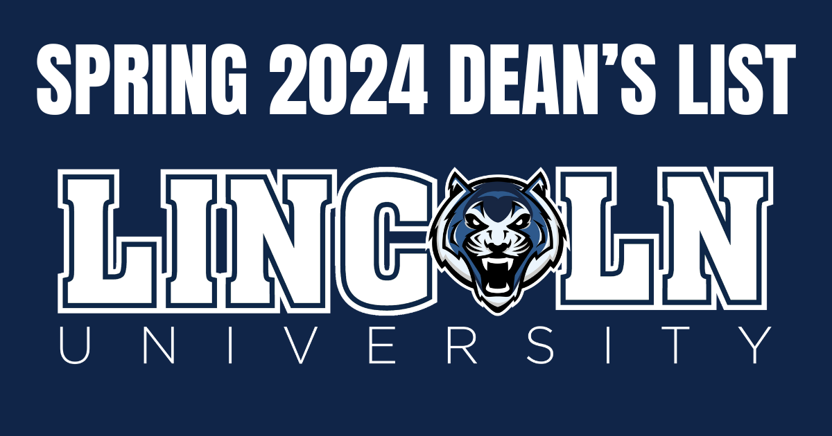 Image showing the text "SPRING 2024 DEAN'S LIST" at the top, with "LINCOLN UNIVERSITY" below, featuring a stylized tiger mascot in the middle.