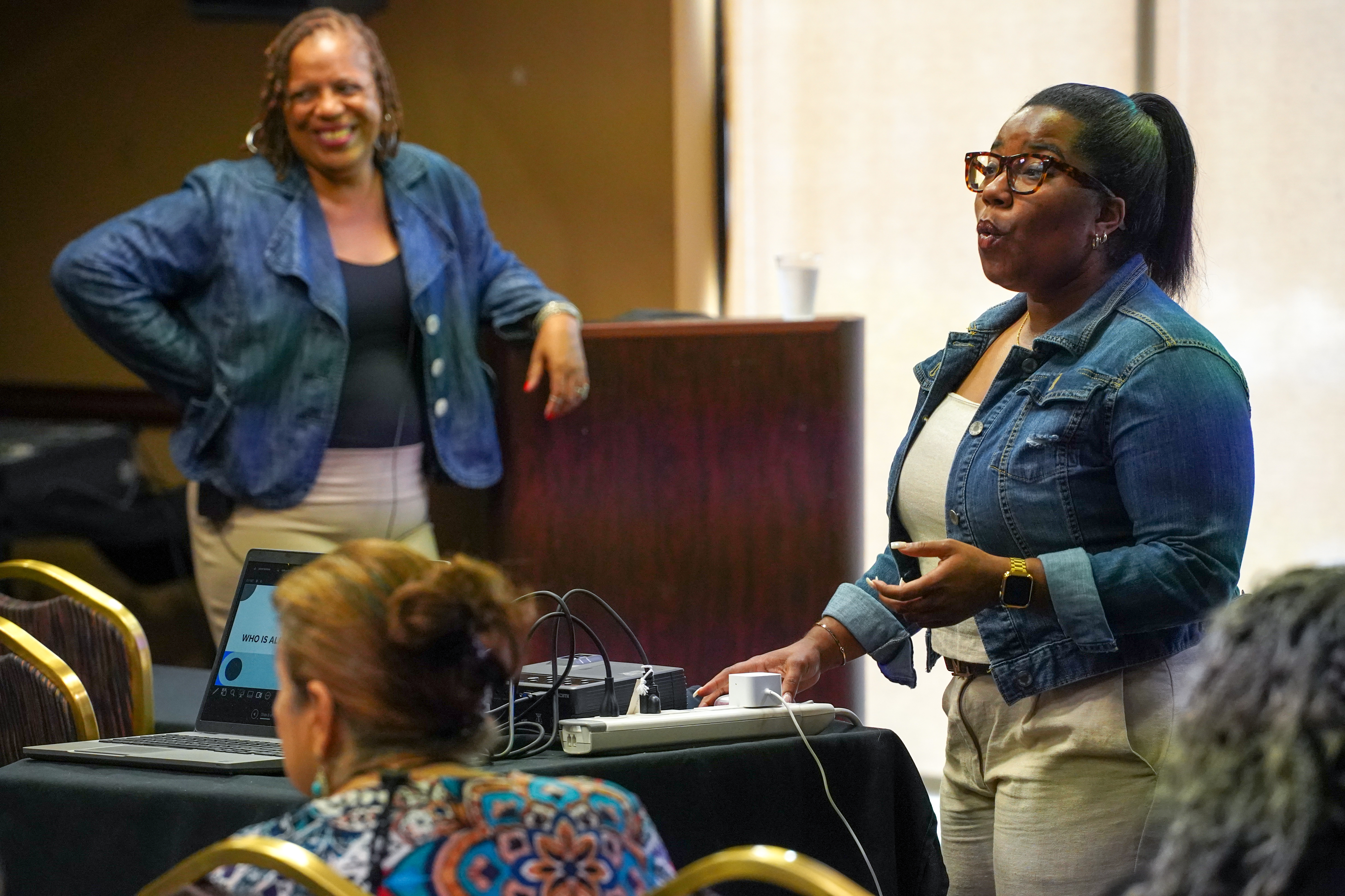 Marla Moore-Collins, regional coordinator for LU's St. Louis Urban Impact Center, and Callie Newsom, 4-H and positive youth development extension associate, lead a workshop on digital citizenship and leveraging AI tools.