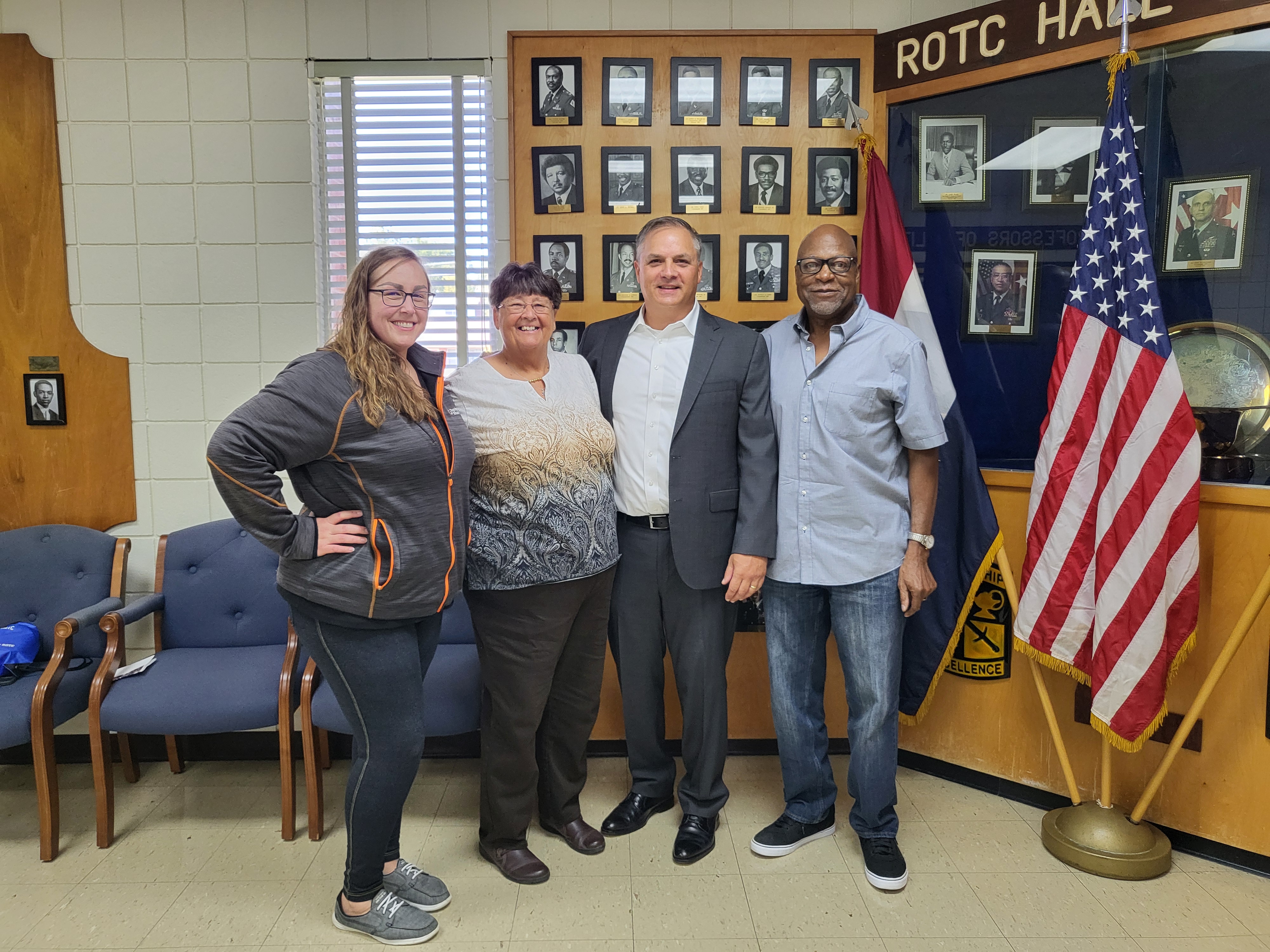 (From left) Kristin Gross, former LU ROTC program coordinator from 2001-2020; Linda Guerrant, retired ROTC human resources assistant of 42 years; Col. Eric Rant, USA (Ret.); and Sgt. 1st Class Gregory Norfus Sr., USA (Ret.), former LU assistant military science instructor, Ranger Coach and JROTC instructor at Missouri Military Academy.