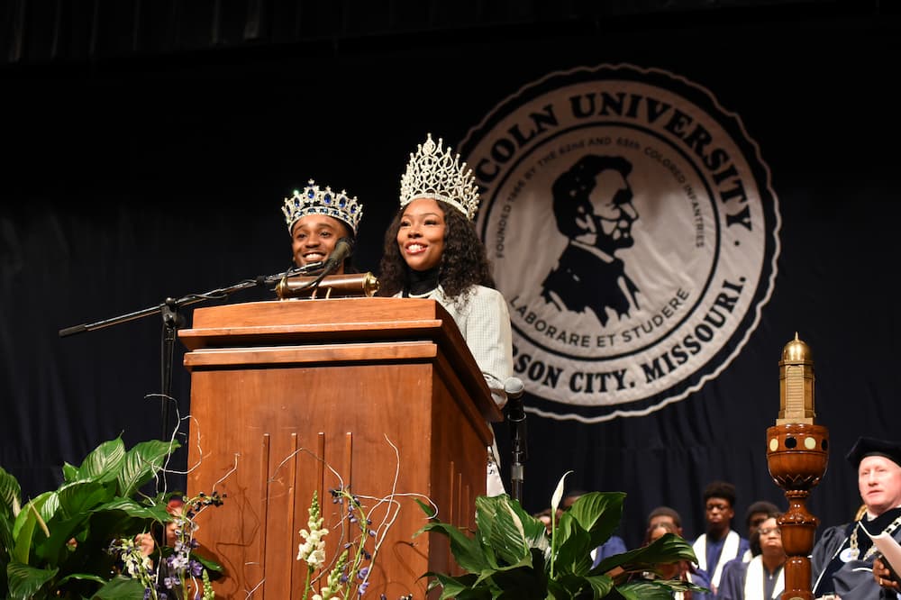 Mr. and Miss Lincoln speak at the 2025 Founders' Day Convocation. 