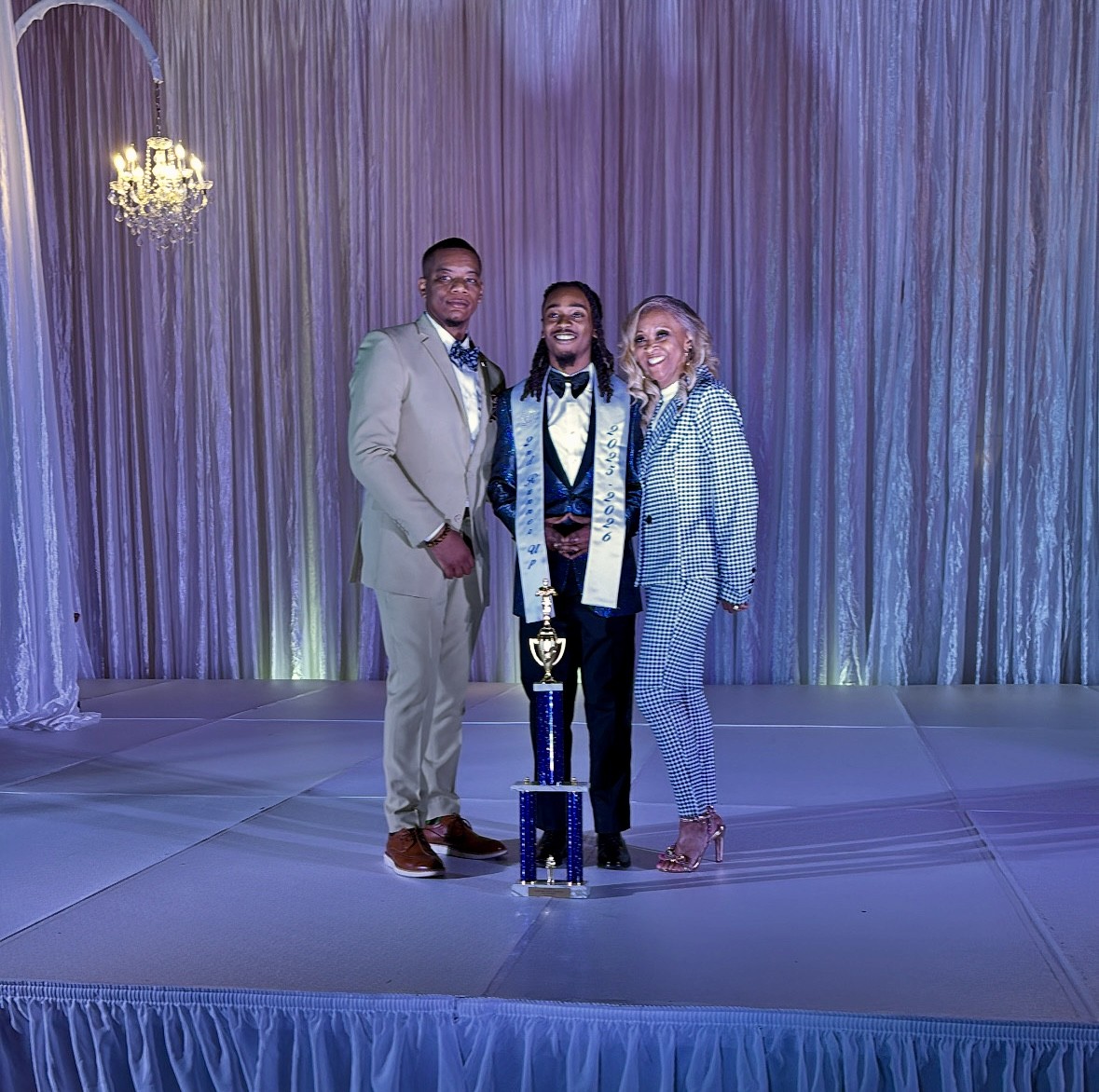 Jesse Canamore, the 22nd Mister Lincoln University, was crowned as the 2nd Runner-Up at the 2025 Mister and Miss HBCU Competition. Left to right: Assistant Dean of Student Engagement Isaac Bivins Jr., 22nd Mister Lincoln University Jesse Canamore and Vice President for Student Affairs Theressa Ferguson. 