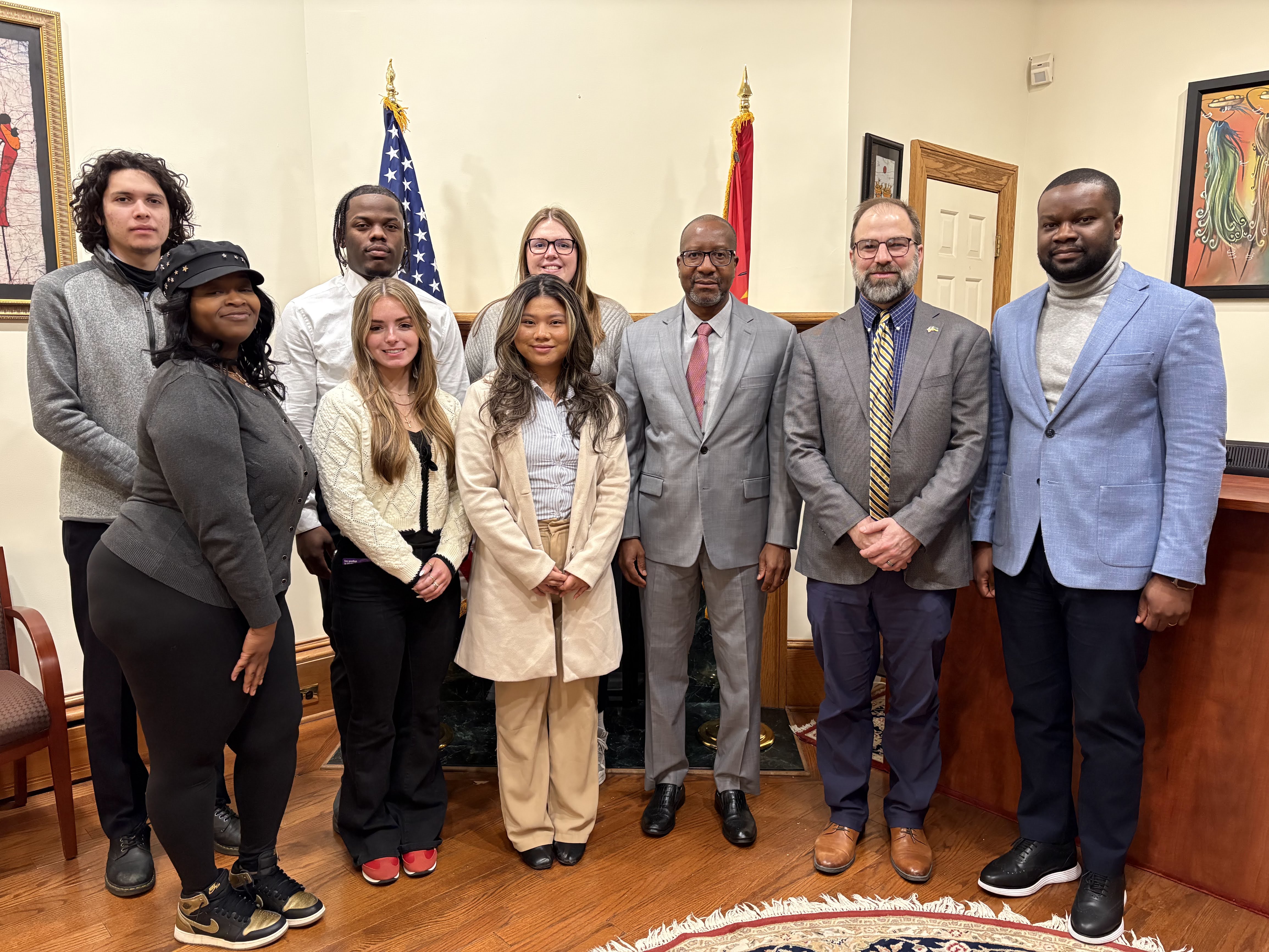 The LU team visited the Mozambican Embassy in Washington, D.C., where they met with the Ambassador of Mozambique to the U.S., H.E. Alfredo Nuvunga. From left to right: Armani Harris, Jeremiah Gill (back), Maddalen Prenger and Maddie Twehus (back). Dr. Brian Norris stands to the right of the ambassador. To the far right is Pinesio Sitoe, embassy staff member, who was instrumental in securing visas for Dr. Norris and his family for their 2023 Fulbright. 