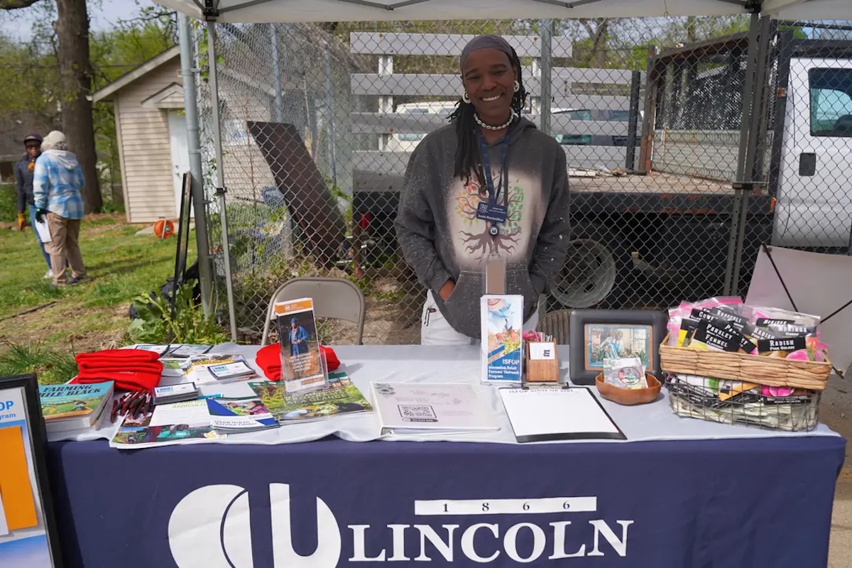 Farm Outreach Worker Izula Maximillen representing Lincoln University at Ivanhoe Community Center for Earth Day in April 2024.