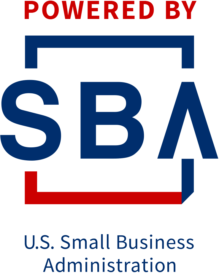 The logo reads "Powered by SBA" in blue and red, with "U.S. Small Business Administration" underneath, framed by a red and blue square.