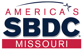The logo for America's SBDC Missouri features bold navy blue "SBDC" text, red "America's" and "Missouri" text, and a star with a swoosh.