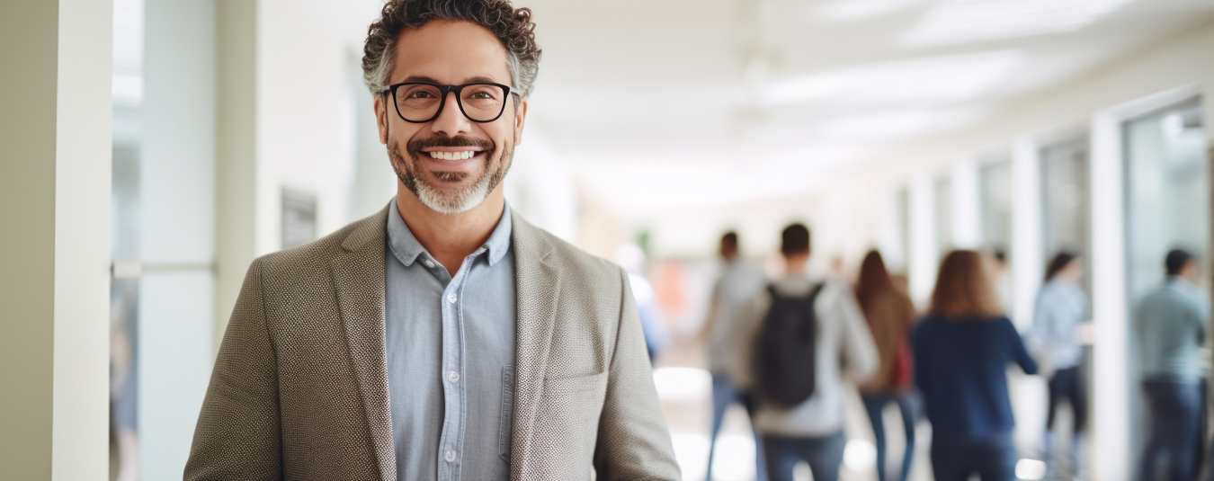 Male standing in hallway smiling at in school setting